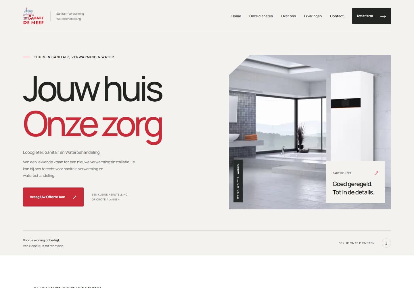De vernieuwde homepage van Bart De Neef met diensten en badkamerfotografie