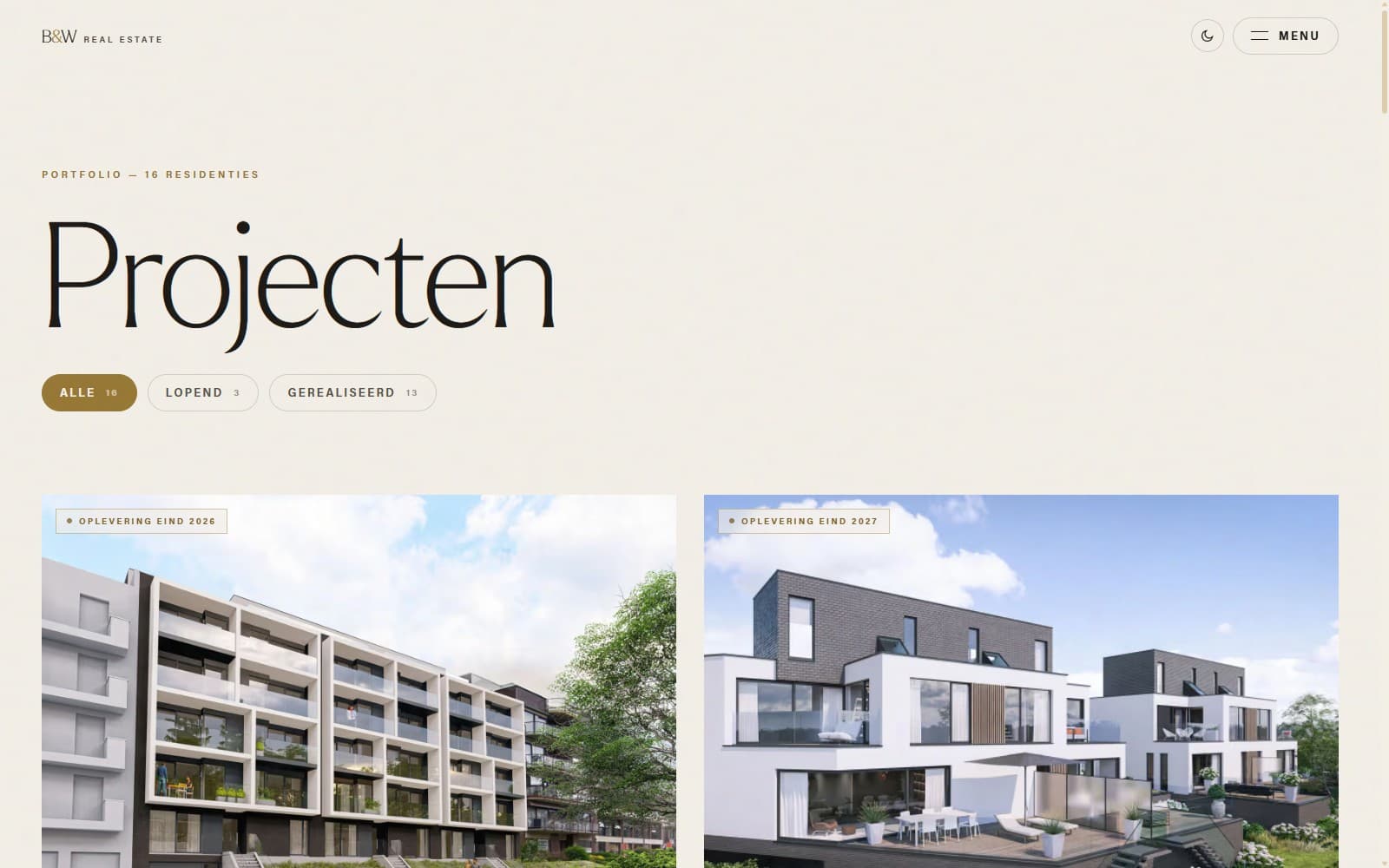 Projectenoverzicht op bwrealestate.be, filterbaar op lopend en gerealiseerd