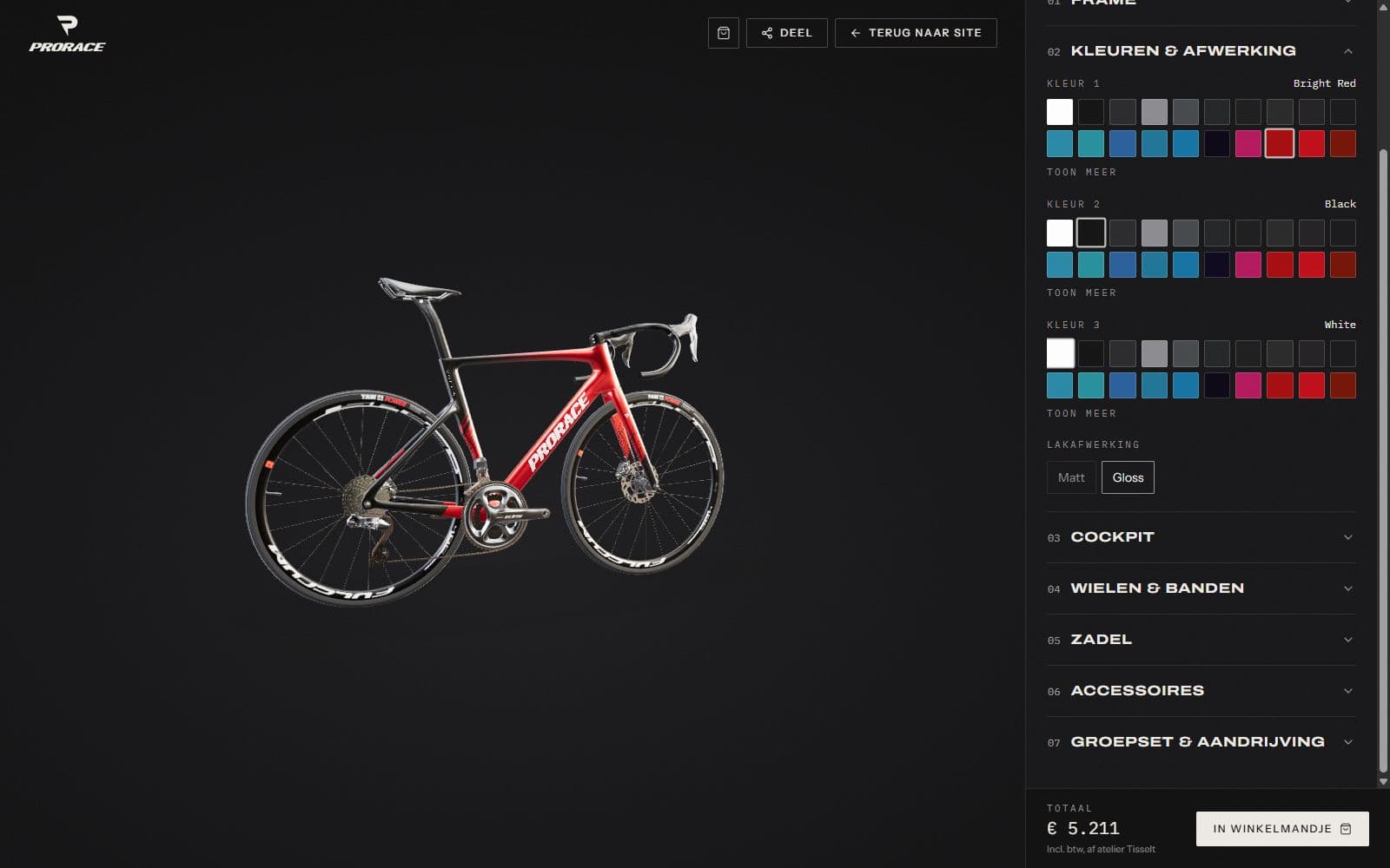 De nieuwe eigen Prorace-configurator met een interactieve 3D-fiets, kleurkeuzes en live prijs